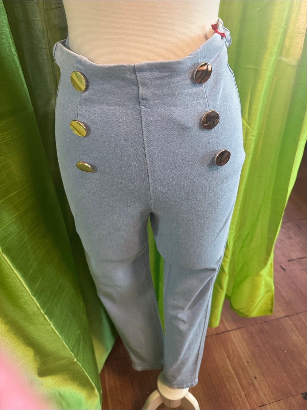 High-Waist Light Blue Button Front Pants